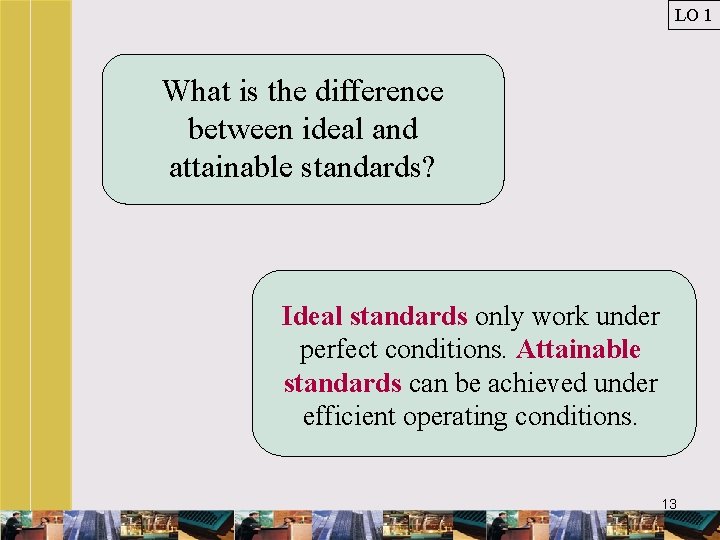 LO 1 What is the difference between ideal and attainable standards? Ideal standards only