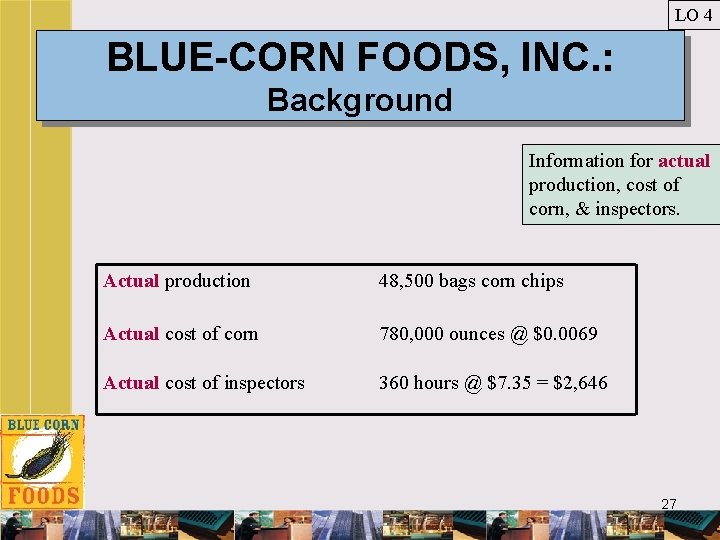LO 4 BLUE-CORN FOODS, INC. : Background Information for actual production, cost of corn,