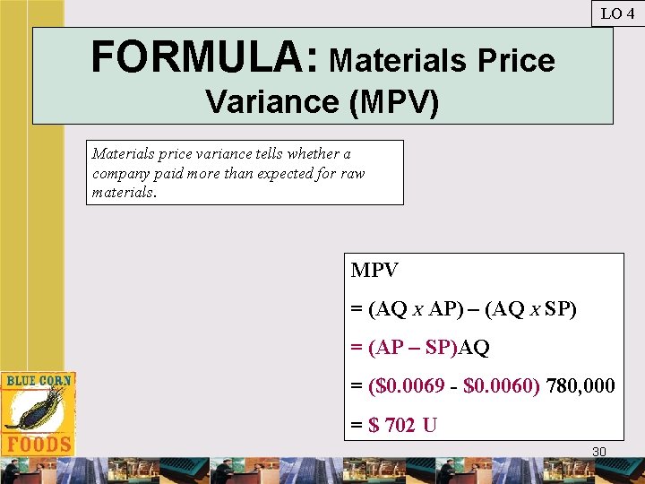 LO 4 FORMULA: Materials Price Variance (MPV) Materials price variance tells whether a company