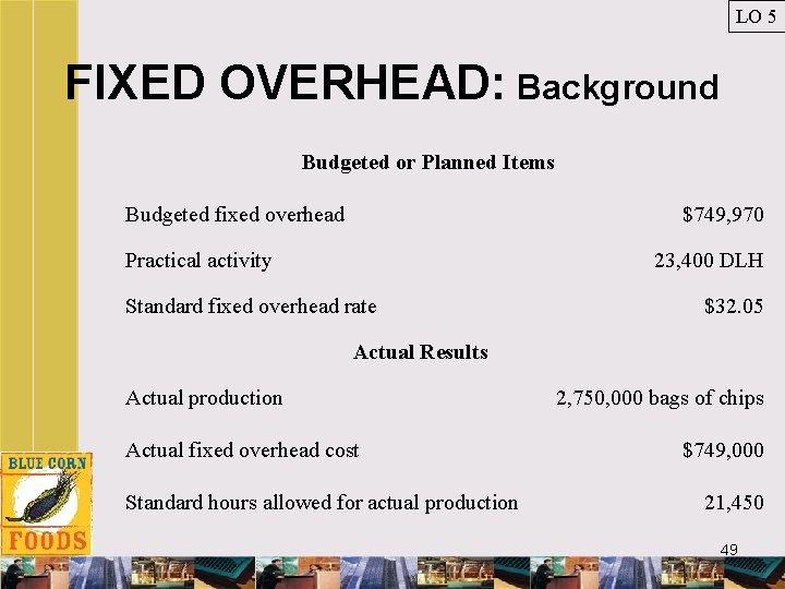 LO 5 FIXED OVERHEAD: Background Budgeted or Planned Items Budgeted fixed overhead $749, 970