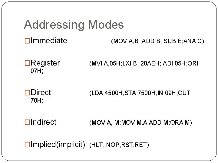Addressing Modes �Immediate �Register (MOV A, B ; ADD B; SUB E; ANA C)