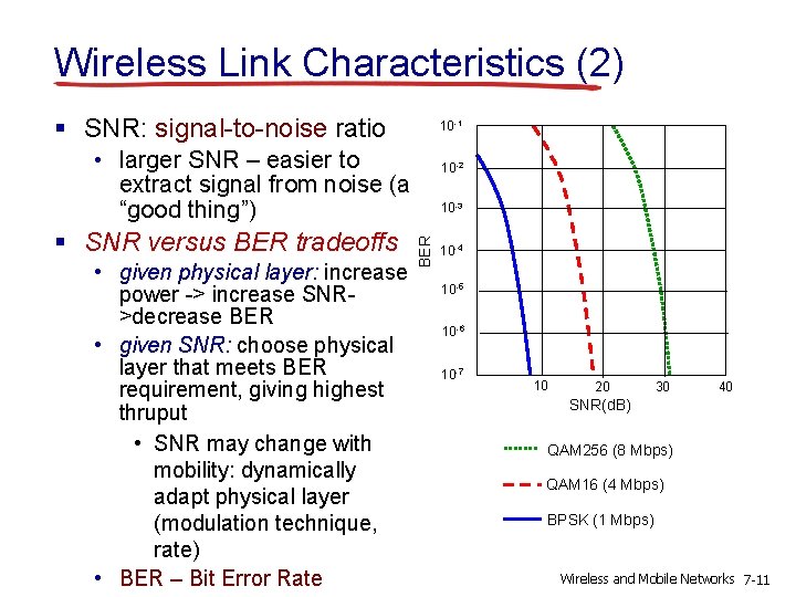Wireless Link Characteristics (2) § SNR: signal-to-noise ratio 10 -1 • larger SNR –