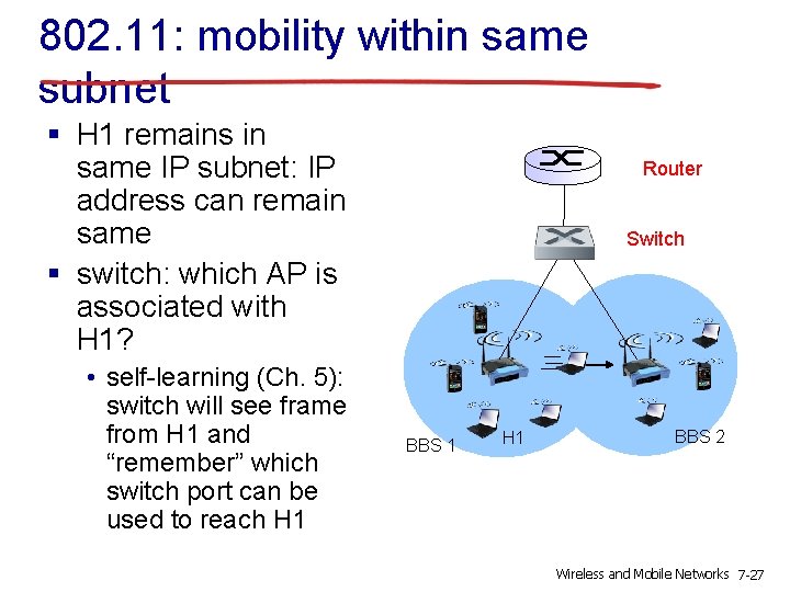 802. 11: mobility within same subnet § H 1 remains in same IP subnet: