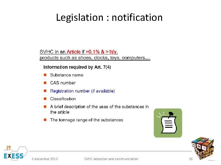 Legislation : notification 6 december 2010 SVHC detection and communication 26 
