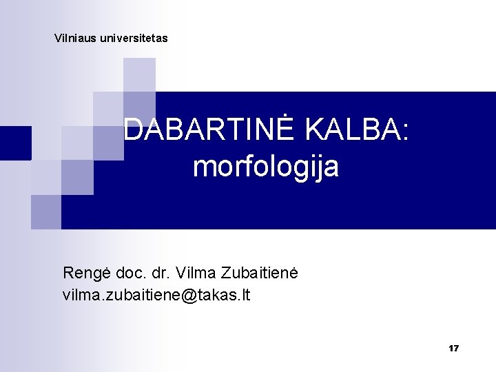 Vilniaus universitetas DABARTINĖ KALBA: morfologija Rengė doc. dr. Vilma Zubaitienė vilma. zubaitiene@takas. lt 17