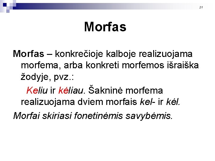 21 Morfas – konkrečioje kalboje realizuojama morfema, arba konkreti morfemos išraiška žodyje, pvz. :