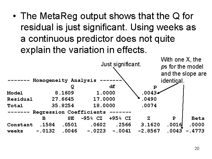  • The Meta. Reg output shows that the Q for residual is just