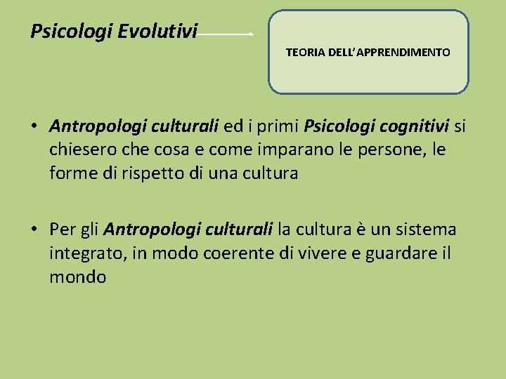 Psicologi Evolutivi TEORIA DELL’APPRENDIMENTO • Antropologi culturali ed i primi Psicologi cognitivi si chiesero