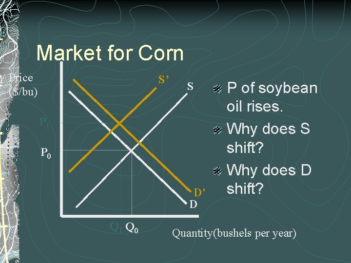 Market for Corn Price ($/bu) S’ S P 1 P 0 D’ D Q