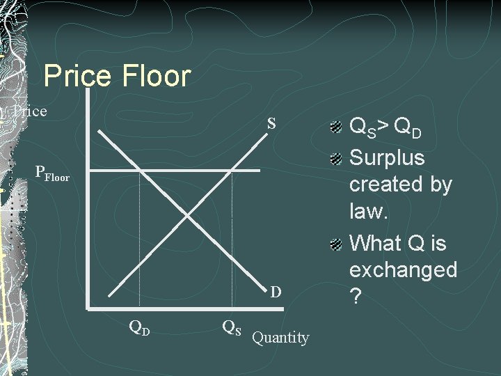 Price Floor Price S PFloor D QD QS Quantity QS> QD Surplus created by