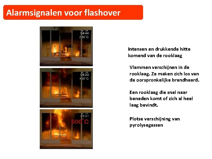 Alarmsignalen voor flashover Intensen en drukkende hitte komend van de rooklaag Vlammen verschijnen in