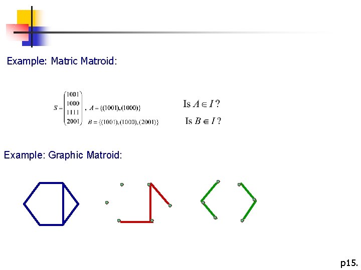 Example: Matric Matroid: Example: Graphic Matroid: p 15. 