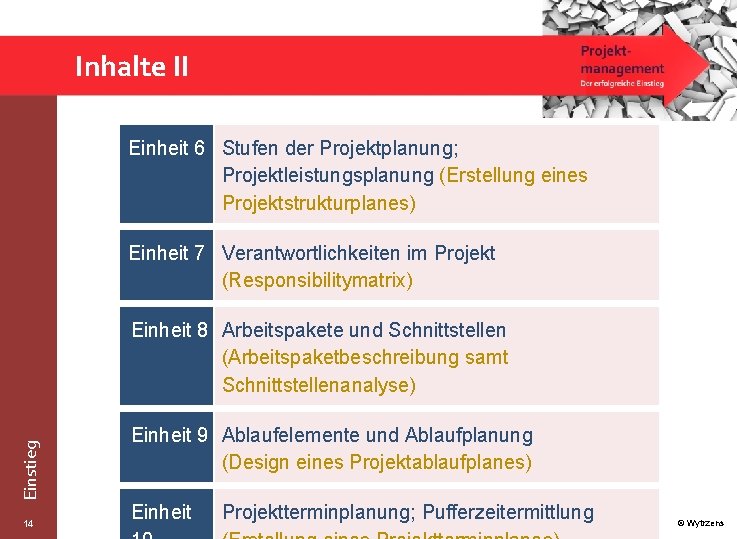 Inhalte II Einheit 6 Stufen der Projektplanung; Projektleistungsplanung (Erstellung eines Projektstrukturplanes) Einheit 7 Verantwortlichkeiten