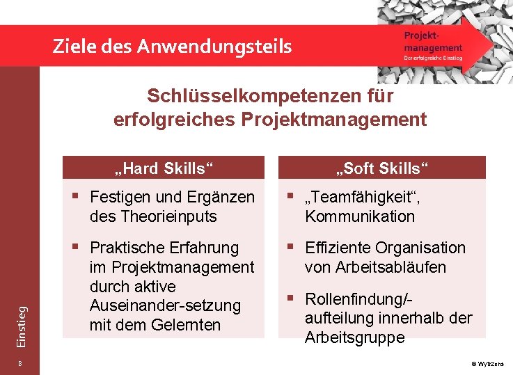 Ziele des Anwendungsteils Schlüsselkompetenzen für erfolgreiches Projektmanagement „Hard Skills“ § Festigen und Ergänzen des