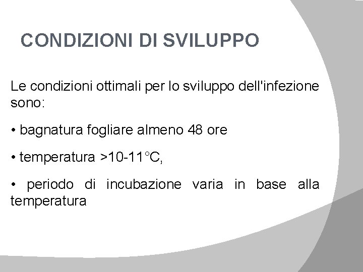 CONDIZIONI DI SVILUPPO Le condizioni ottimali per lo sviluppo dell'infezione sono: • bagnatura fogliare