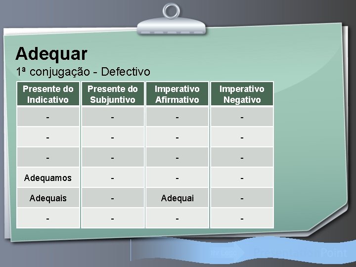 Adequar 1ª conjugação - Defectivo Presente do Indicativo Presente do Subjuntivo Imperativo Afirmativo Imperativo