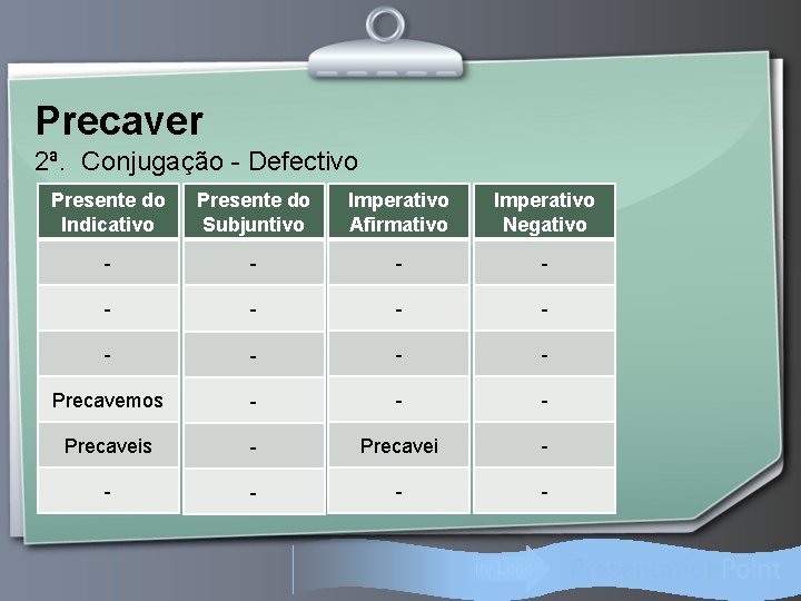 Precaver 2ª. Conjugação - Defectivo Presente do Indicativo Presente do Subjuntivo Imperativo Afirmativo Imperativo