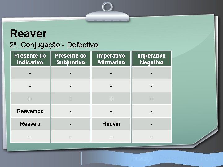 Reaver 2ª. Conjugação - Defectivo Presente do Indicativo Presente do Subjuntivo Imperativo Afirmativo Imperativo