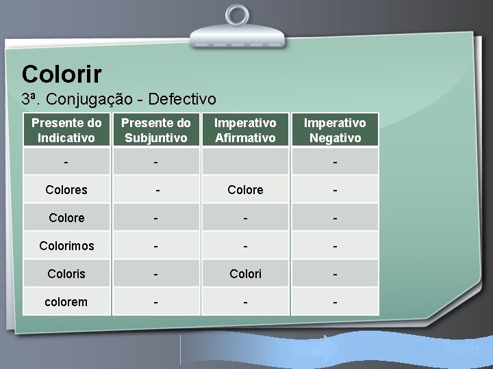 Colorir 3ª. Conjugação - Defectivo Presente do Indicativo Presente do Subjuntivo Imperativo Afirmativo Imperativo