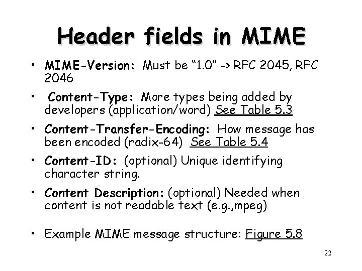 Header fields in MIME • MIME-Version: Must be “ 1. 0” -> RFC 2045,