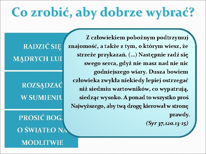 Co zrobić, aby dobrze wybrać? Z człowiekiem pobożnym podtrzymuj RADZIĆ SIĘ znajomość, a także