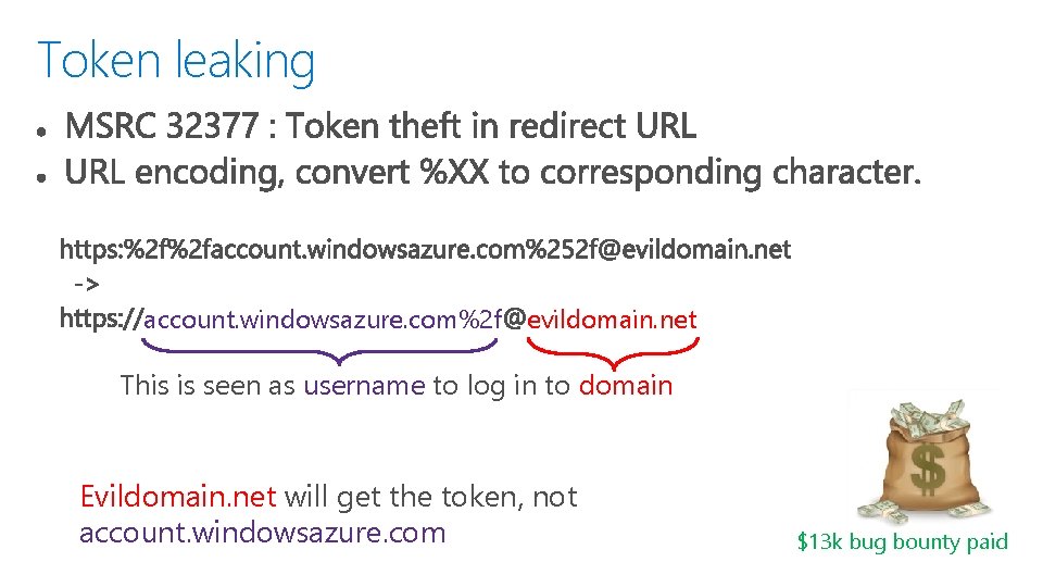 Token leaking account. windowsazure. com%2 f evildomain. net This is seen as username to