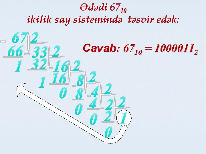 Ədədi 6710 ikilik say sistemində təsvir edək: 67 2 66 33 2 Cavab: 6710