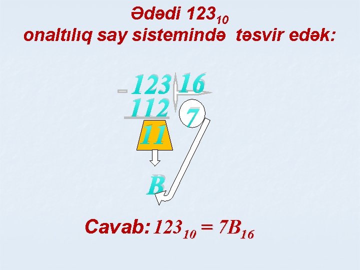 Ədədi 12310 onaltılıq say sistemində təsvir edək: 123 16 112 7 11 В Cavab: Ədədi 12310 onaltılıq say sistemində təsvir edək: 123 16 112 7 11 В Cavab: