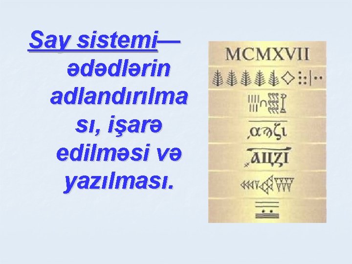 Say sistemi— ədədlərin adlandırılma sı, işarə edilməsi və yazılması. Say sistemi— ədədlərin adlandırılma sı, işarə edilməsi və yazılması.