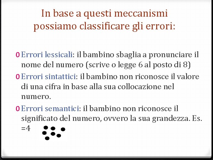 In base a questi meccanismi possiamo classificare gli errori: 0 Errori lessicali: il bambino