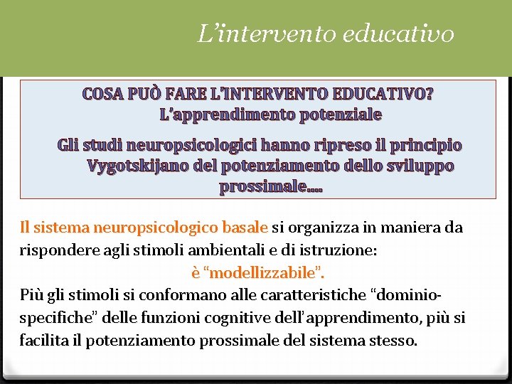 L’intervento educativo COSA PUÒ FARE L’INTERVENTO EDUCATIVO? L’apprendimento potenziale Gli studi neuropsicologici hanno ripreso