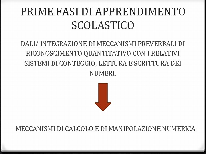 PRIME FASI DI APPRENDIMENTO SCOLASTICO DALL’ INTEGRAZIONE DI MECCANISMI PREVERBALI DI RICONOSCIMENTO QUANTITATIVO CON