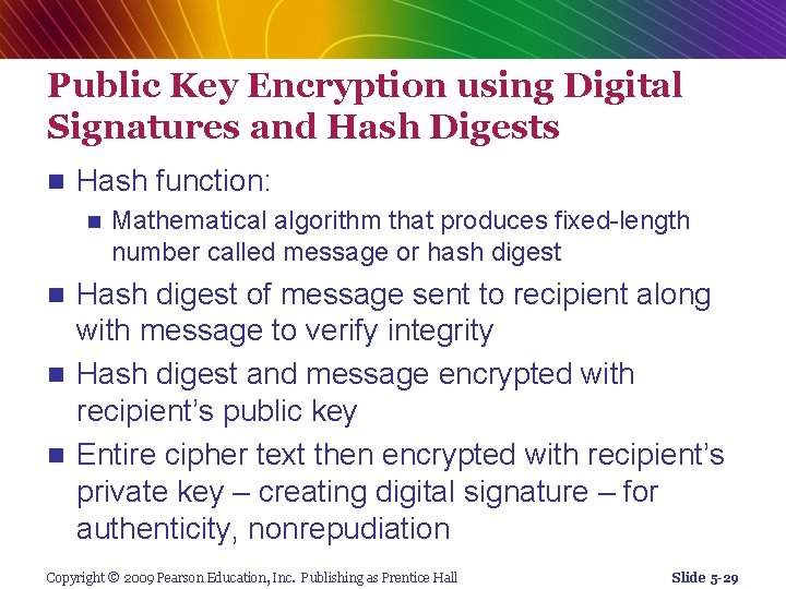 Public Key Encryption using Digital Signatures and Hash Digests n Hash function: n Mathematical