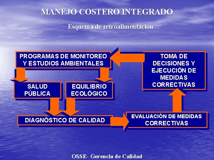 MANEJO COSTERO INTEGRADO Esquema de retroalimentación PROGRAMAS DE MONITOREO Y ESTUDIOS AMBIENTALES SALUD PÚBLICA