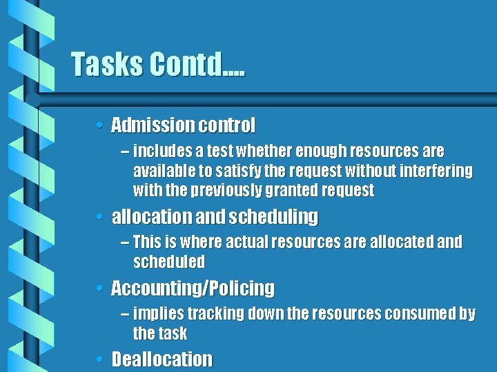 Tasks Contd. . • Admission control – includes a test whether enough resources are