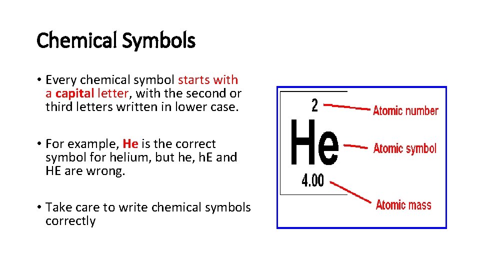 Chemical Symbols • Every chemical symbol starts with a capital letter, with the second