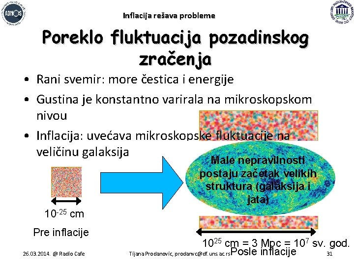 Inflacija rešava probleme Poreklo fluktuacija pozadinskog zračenja • Rani svemir: more čestica i energije