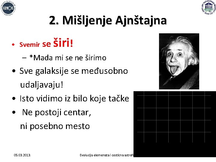 2. Mišljenje Ajnštajna • Svemir se širi! – *Mada mi se ne širimo •