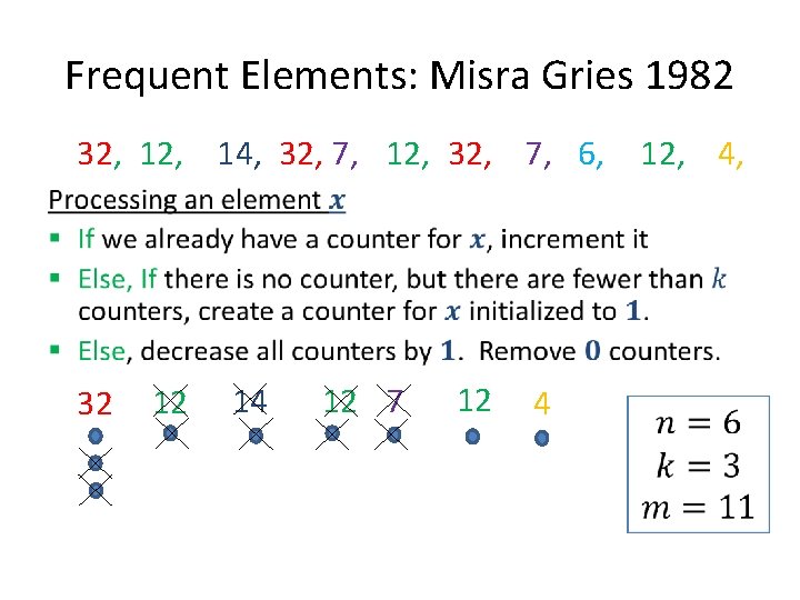 Frequent Elements: Misra Gries 1982 12, 4, 32, 14, 32, 7, 12, 32, 7,