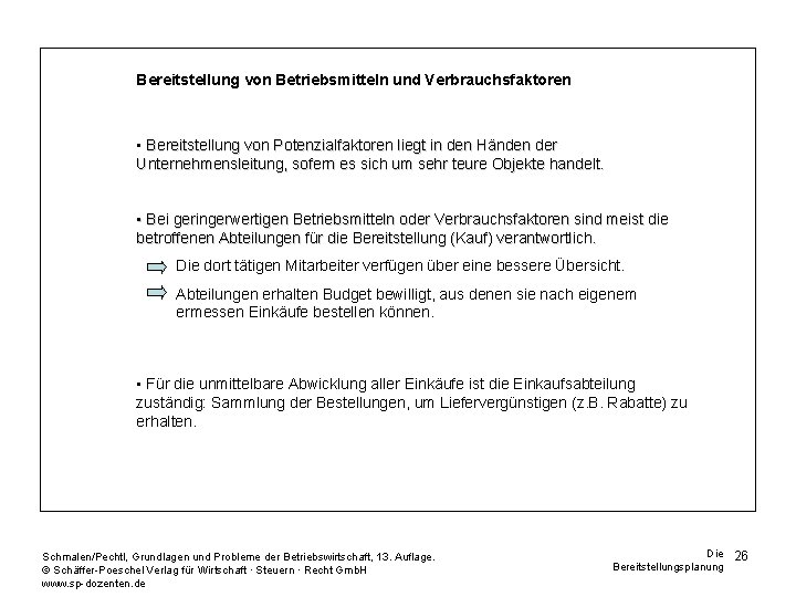 Bereitstellung von Betriebsmitteln und Verbrauchsfaktoren • Bereitstellung von Potenzialfaktoren liegt in den Händen der