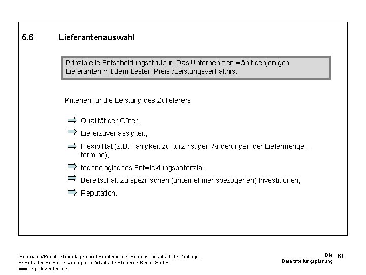 5. 6 Lieferantenauswahl Prinzipielle Entscheidungsstruktur: Das Unternehmen wählt denjenigen Lieferanten mit dem besten Preis-/Leistungsverhältnis.