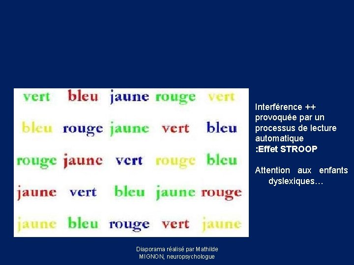 Interférence ++ provoquée par un processus de lecture automatique : Effet STROOP Attention aux