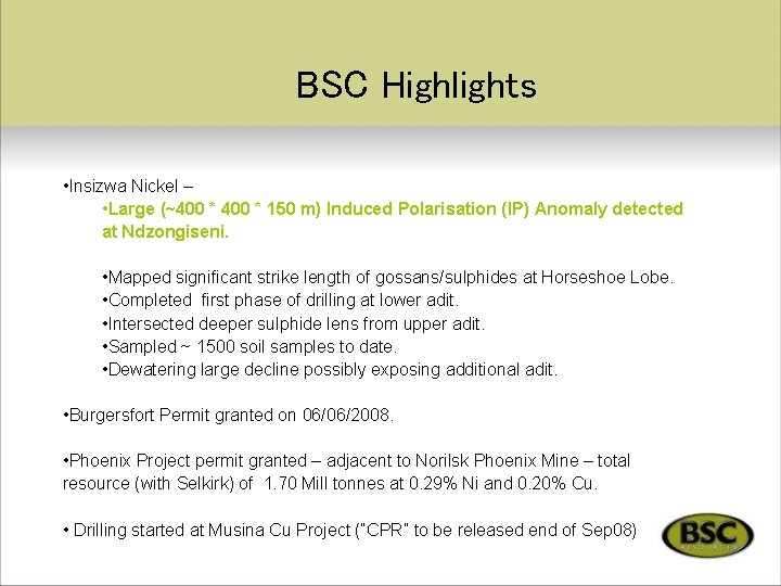 BSC Highlights • Insizwa Nickel – • Large (~400 * 150 m) Induced Polarisation