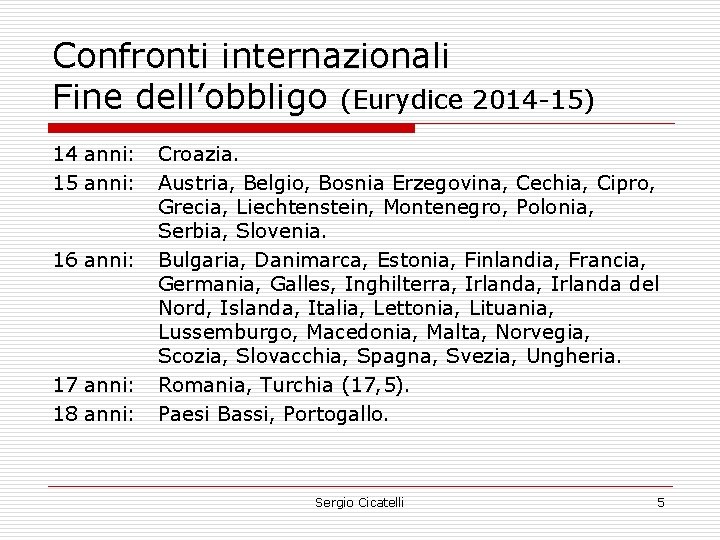 Confronti internazionali Fine dell’obbligo (Eurydice 2014 -15) 14 anni: 15 anni: 16 anni: 17