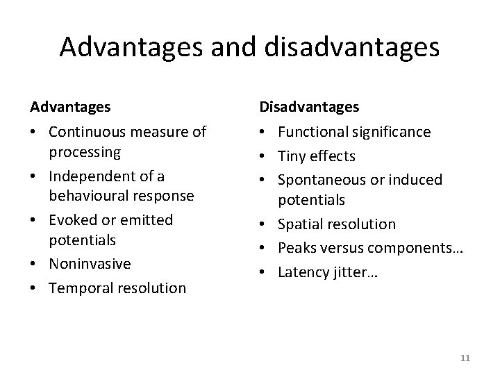 Advantages and disadvantages Advantages Disadvantages • Continuous measure of processing • Independent of a