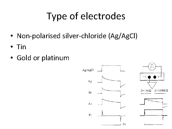 Type of electrodes • Non-polarised silver-chloride (Ag/Ag. Cl) • Tin • Gold or platinum