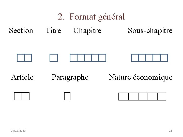 2. Format général Section Titre Chapitre Sous-chapitre Article Paragraphe Nature économique 04/12/2020 22 