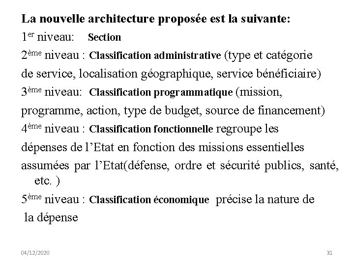 La nouvelle architecture proposée est la suivante: 1 er niveau: Section 2ème niveau :