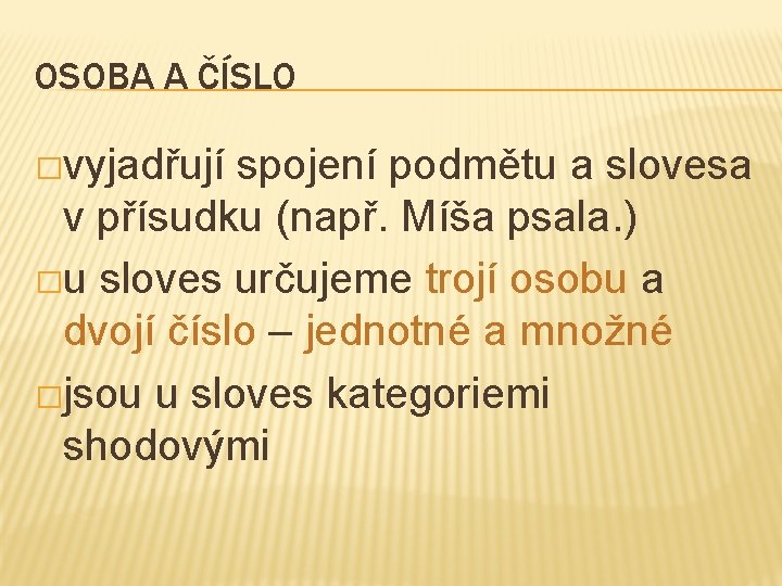 OSOBA A ČÍSLO �vyjadřují spojení podmětu a slovesa v přísudku (např. Míša psala. )