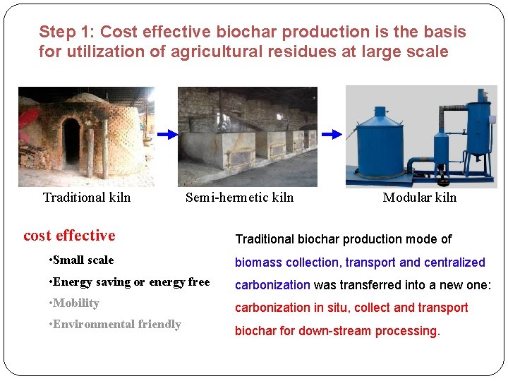 Step 1: Cost effective biochar production is the basis for utilization of agricultural residues